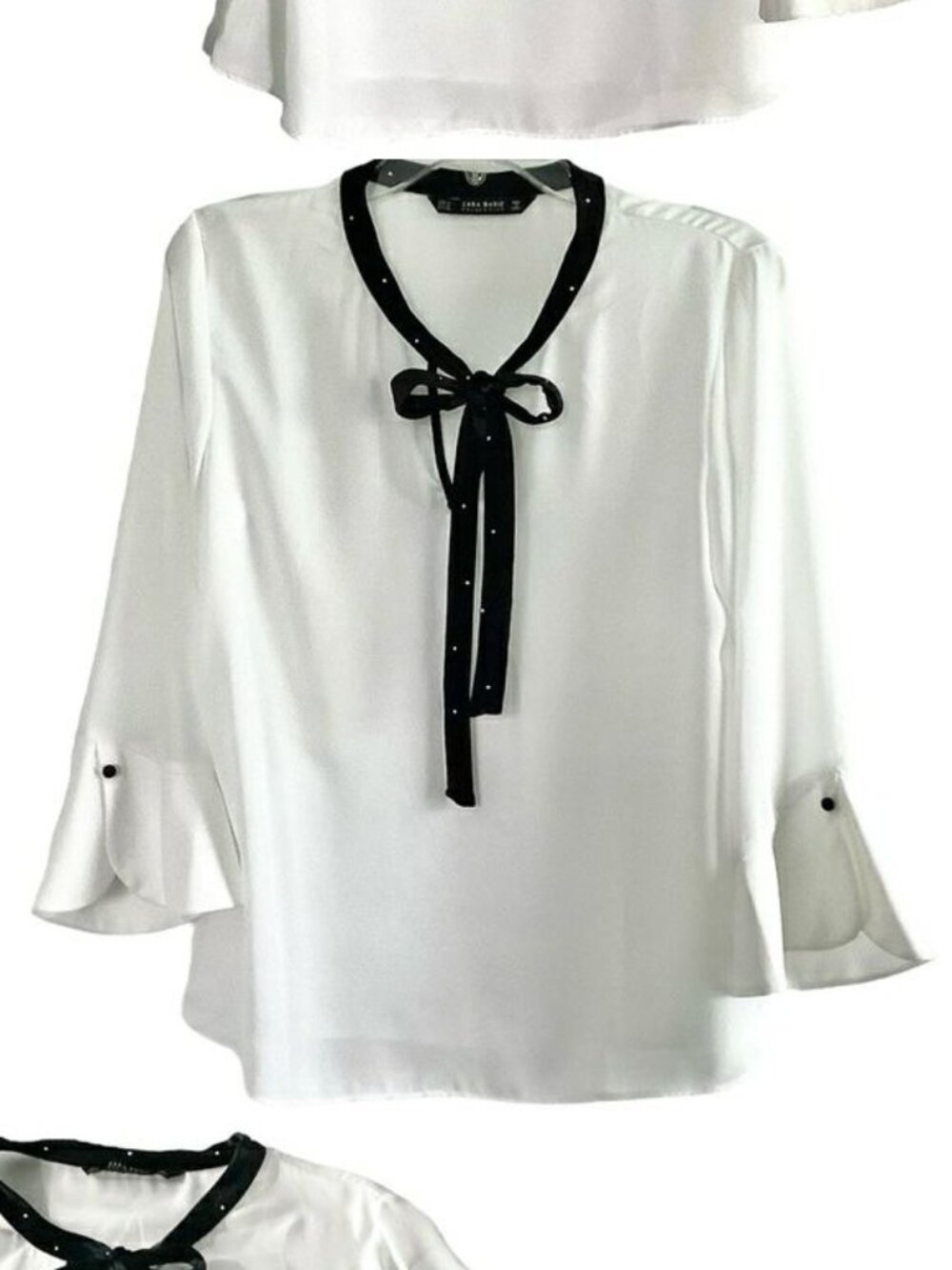 Zara Creamy White Blouse Black Velvet Tie Front